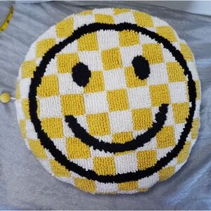 Retro Smiley Face Checkerboard Accent Throw Pillow Yellow White 90s Black Zipper